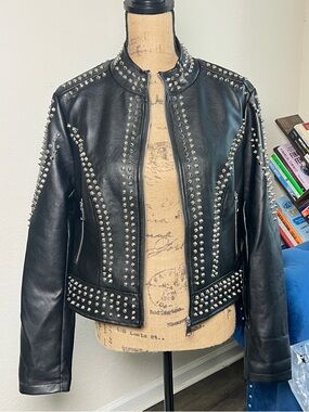 Black Studded Faux Leather Moto Jacket - Women